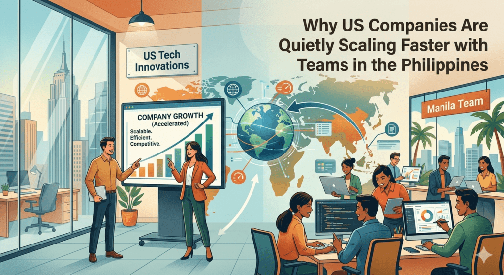 A vibrant, illustrative graphic split into two scenes showing a US-based team celebrating accelerated company growth by creating remote teams in the Philippines. The scenes are connected by a global map with data streams.