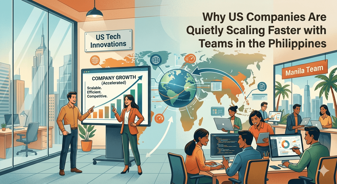 A vibrant, illustrative graphic split into two scenes showing a US-based team celebrating accelerated company growth by creating remote teams in the Philippines. The scenes are connected by a global map with data streams.