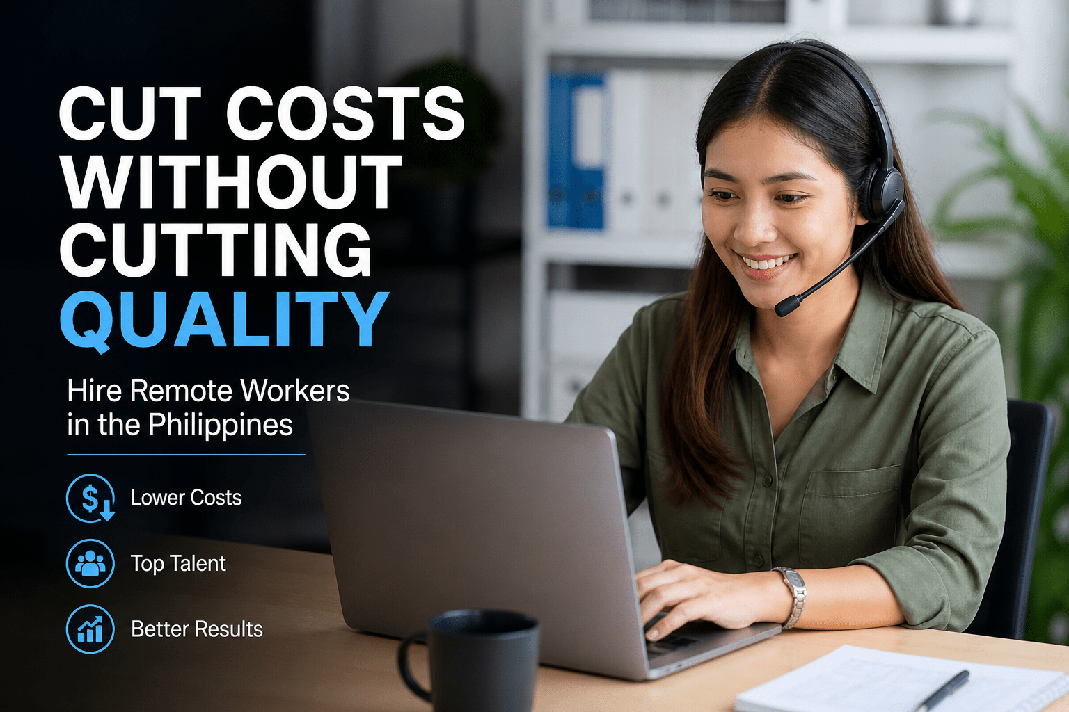 Professional Filipino remote worker using a laptop with headset, illustrating how to hire remote workers in the Philippines without sacrificing quality while reducing business costs