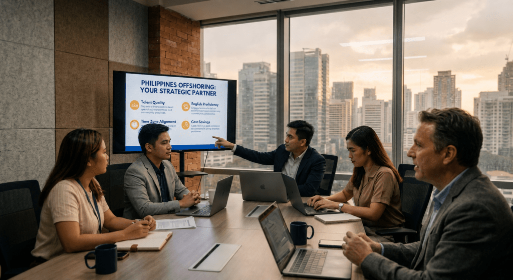 A diverse group of business professionals in a modern office boardroom overlooking the Manila skyline, discussing a presentation titled "Philippines Offshoring: Your Strategic Partner" on a large screen.