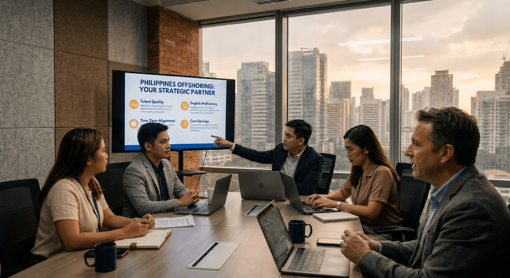 A diverse group of business professionals in a modern office boardroom overlooking the Manila skyline, discussing a presentation titled "Philippines Offshoring: Your Strategic Partner" on a large screen.