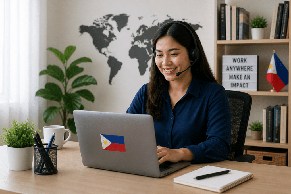 A Filipino remote worker working on her laptop with a headset on showcasing why Filipino Remote Workers are in High Demand Worldwide