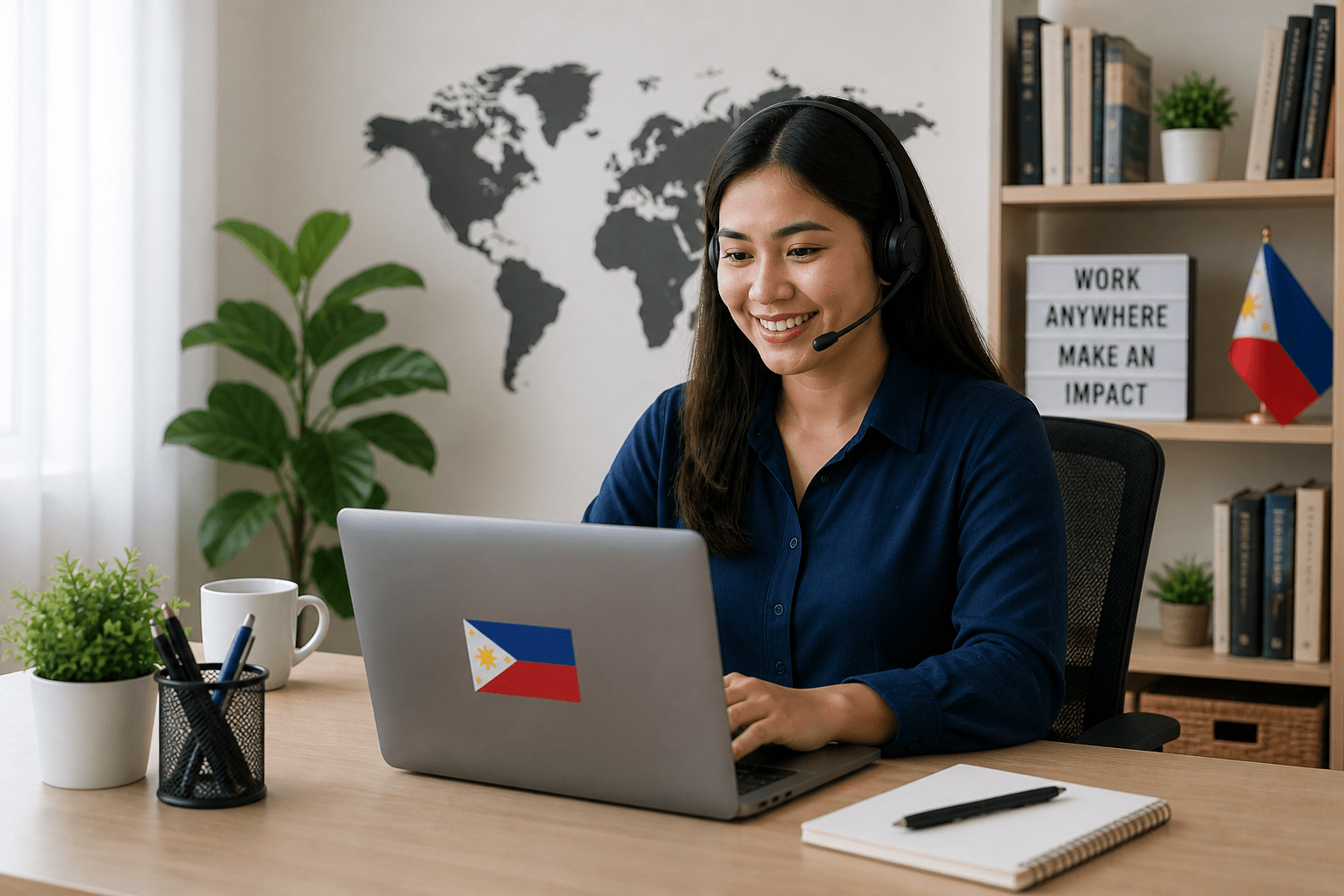 A Filipino remote worker working on her laptop with a headset on showcasing why Filipino Remote Workers are in High Demand Worldwide
