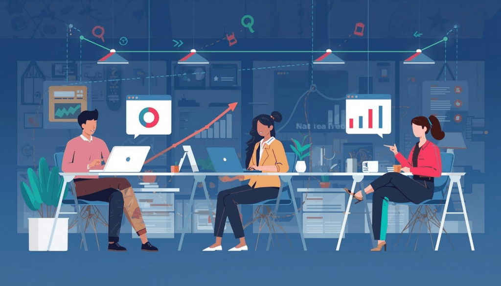 Remote work team collaborating digitally with laptops showing data analytics and growth charts connected by network lines